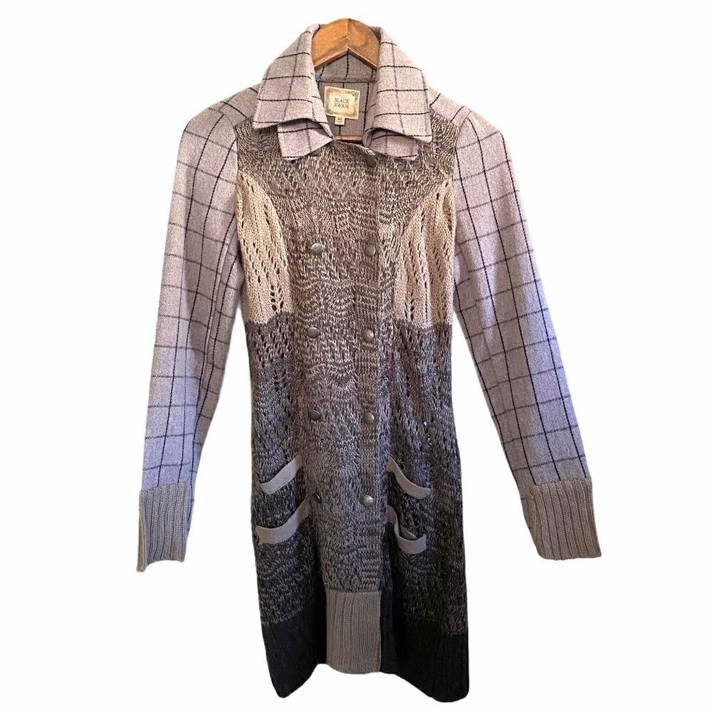 Black Swan Open Knit Plaid Crochet Wool Blend Long Line Double Breasted Cardigan